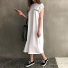 Lettering Cap-sleeve Long T-shirt Dress