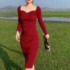 Long-sleeve Square-neck Midi Sheath Knit Dress