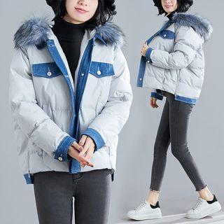 Faux-fur Hooded Denim Panel Padded Jacket