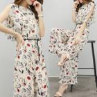 Printed Short-sleeve Wide-leg Jumpsuit