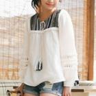 Long-sleeve Pattern Panel Top White - One Size