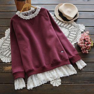 Lace Panel Mock Two-piece Long-sleeve Sweatshirt