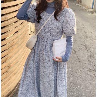 Long-sleeve Mock Neck Plain Top / Puff-sleeve Floral Printed Dress