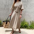 Band-waist Linen Blend Flare Skirt Beige - One Size