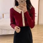 Collared Knit Blouse Wine Red - One Size
