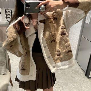 Two-tone Bear Fleece Jacket Camel & White - One Size