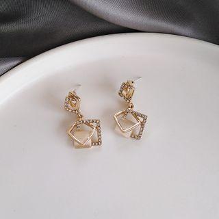 Rhinestone Square Dangle Earring 1 Pair - S925 Sterling Silver Stud Earring - One Size
