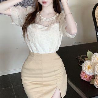 Short-sleeve Beaded Blouse Almond - One Size