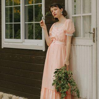 Lace Trim Short-sleeve Ruffle Hem Maxi A-line Dress