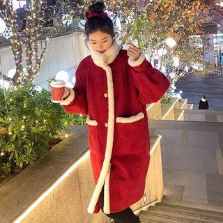 Two Tone Fleece Button-up Long Coat