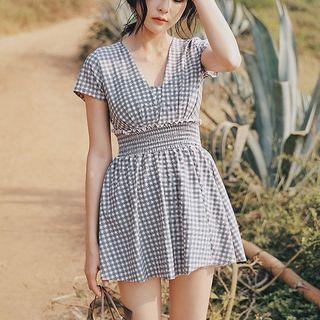 Set: Short-sleeve Gingham Swimdress + Swimshorts
