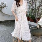Puff-sleeve Floral Print Drawstring Midi A-line Dress Pink Floral - White - One Size