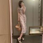 Puff-sleeve Floral Print Shirred Midi A-line Dress