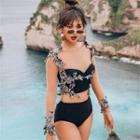 Long-sleeve Flower Embroidered Swimsuit