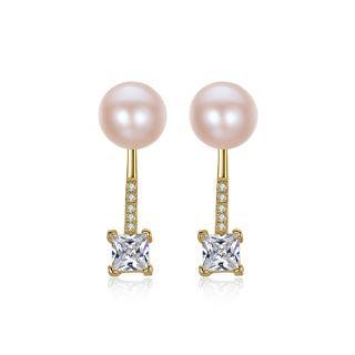 Sterling Silver Plated Gold Fashion Simple Geometric Pink Freshwater Pearl Earrings With Cubic Zirconia Golden - One Size