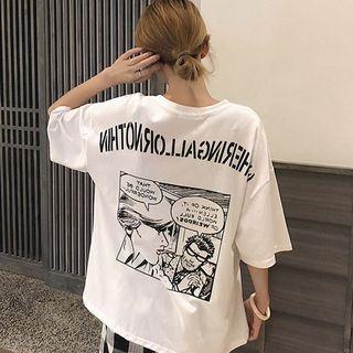 Printed 3/4 Sleeve T-shirt / Plaid Loose Fit Pants