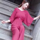 Elbow-sleeve Plain Jumpsuit