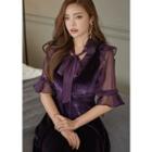 Elbow-sleeve Frilled See-through Blouse
