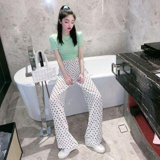 Short-sleeve Cropped T-shirt / Dotted Wide-leg Pants With Suspender