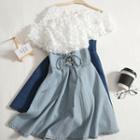 Off-shoulder Lace Up Denim Panel A-line Dress