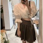 Elbow-sleeve Wrap Blouse / Mini A-line Skirt