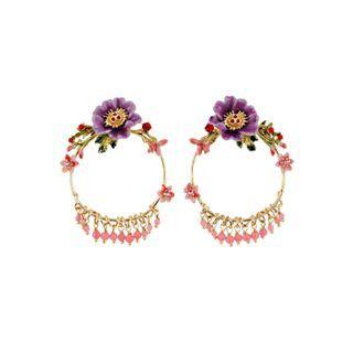 Fashion Elegant Plated Gold Enamel Peony Flower Circle Earrings Golden - One Size