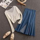 Set: Sheer Knit Top + Denim Skirt