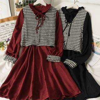 Set: Button-up Printed Vest + Tie-neckline Wool Midi Dress