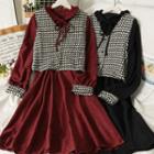 Set: Button-up Printed Vest + Tie-neckline Wool Midi Dress