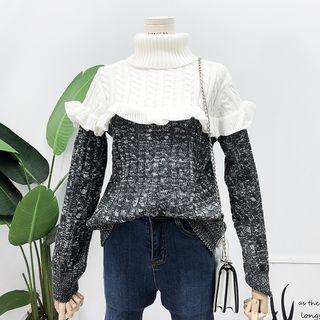 Patchwork Ruffled-trim Knit Sweater Black - One Size