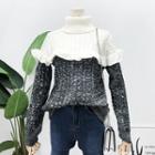 Patchwork Ruffled-trim Knit Sweater Black - One Size