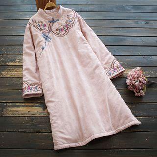 Long-sleeve Floral Embroidered A-line Qipao Dress