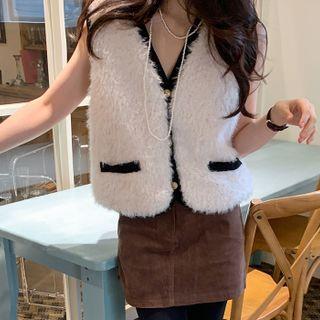 Contrast-trim Eco-fur Vest Ivory - One Size