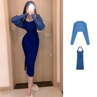 Halter-neck Midi Bodycon Dress / Cropped Open-front Cardigan