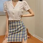 V-neck Cropped Blouse / Plaid Slit Skirt