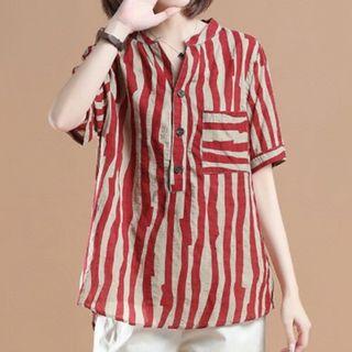 Elbow-sleeve Buttoned Striped Top