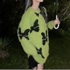 Round Neck Butterfly Print Sweater Green - M