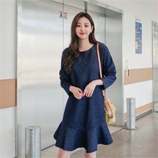 Long-sleeve Ruffle-hem Denim A-line Dress