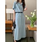 Short-sleeve Washed Denim Jacket / Midi Skirt / Set
