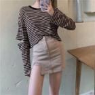 Striped Cutout Long-sleeve T-shirt / Slit Mini Pencil Skirt