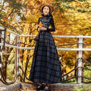 Set: Long-sleeve Mock-neck Knit Top + Plaid A-line Overall Dress