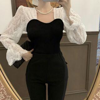 Lace Panel Top Black & White - One Size