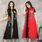 Sleeveless Embroidered Chinese Button A-line Midi Dress
