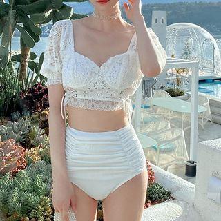 Puff-sleeve Lace Drawstring Bikini