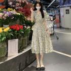 V-neck Flower Print Short-sleeve Chiffon Dress