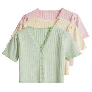 Short Sleeve Lace Trim Knit Cardigan