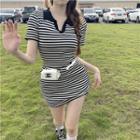 Short-sleeve Striped Mini Dress Dress - Stripes - Black & White - One Size