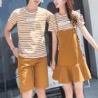 Couple Matching Striped Short-sleeve T-shirt / Plain Shorts / Ruffle Hem Pinafore Dress