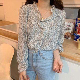 Long-sleeve Buttoned Floral Print Blouse As Shown In Figure - One Size