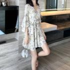 3/4-sleeve Floral Chiffon Mini A-line Dress